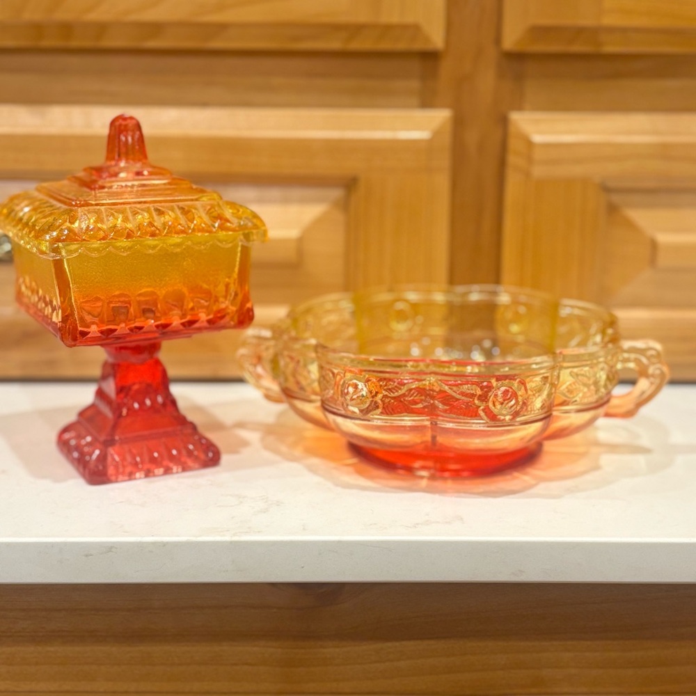 1960's Jeanette Glass "Amberina" Wedding Cake Box & Matching Compote Set